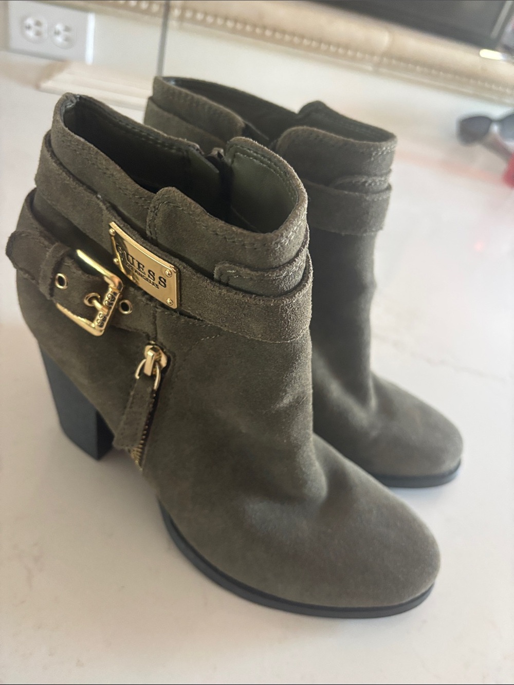 GUESS Olive Green Suede Ankle Boots with Gold Accents